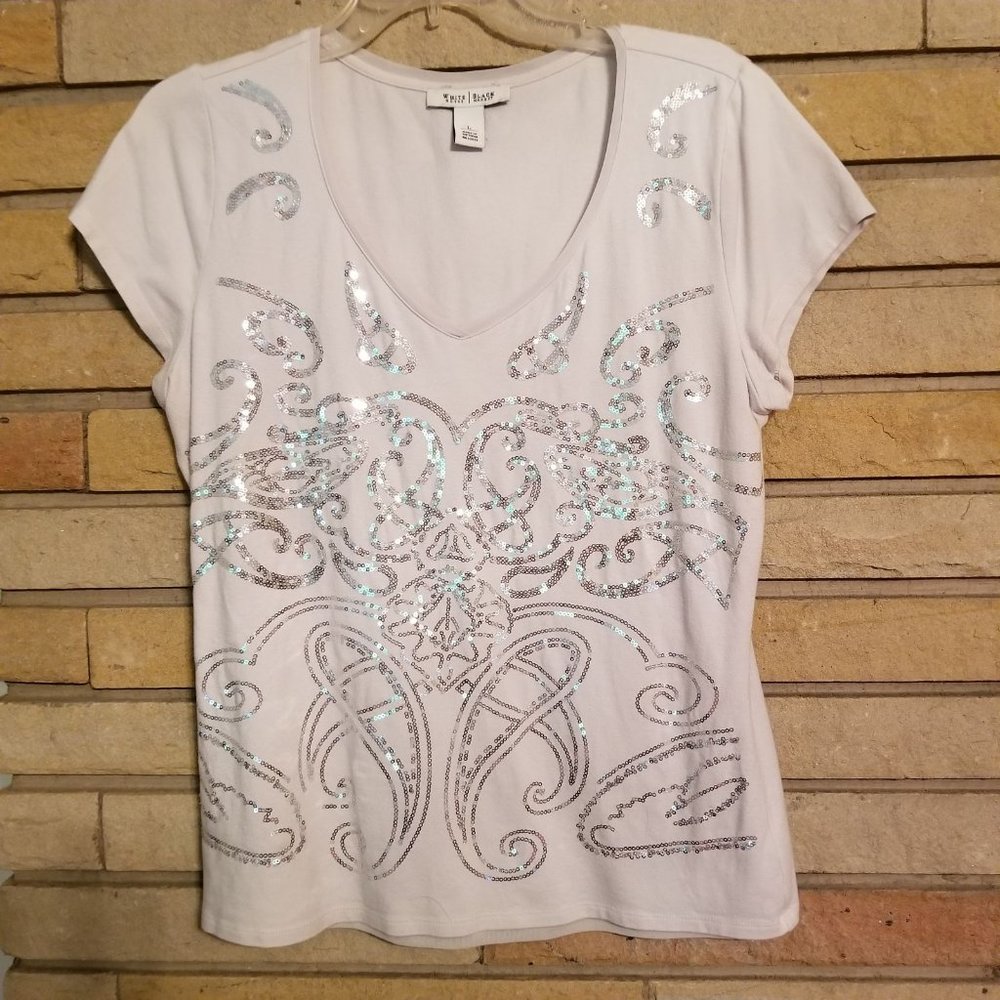 WHITE HOUSE BLACK MARKET GRAY SEQUIN TOP SIZE L